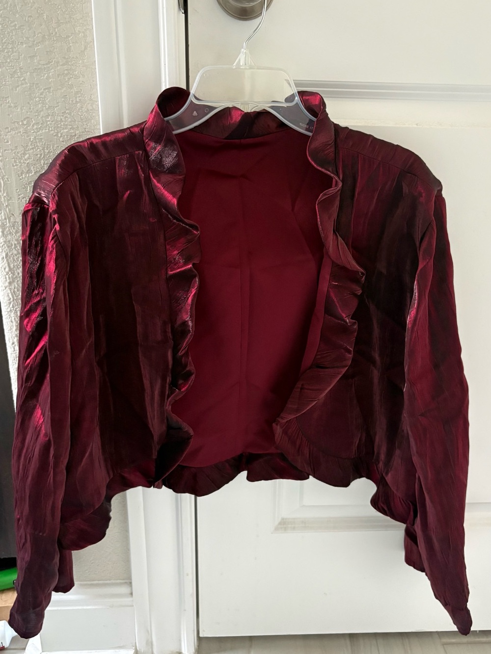 Women's Burgundy Ruffle-Trim Open-Front Jacket